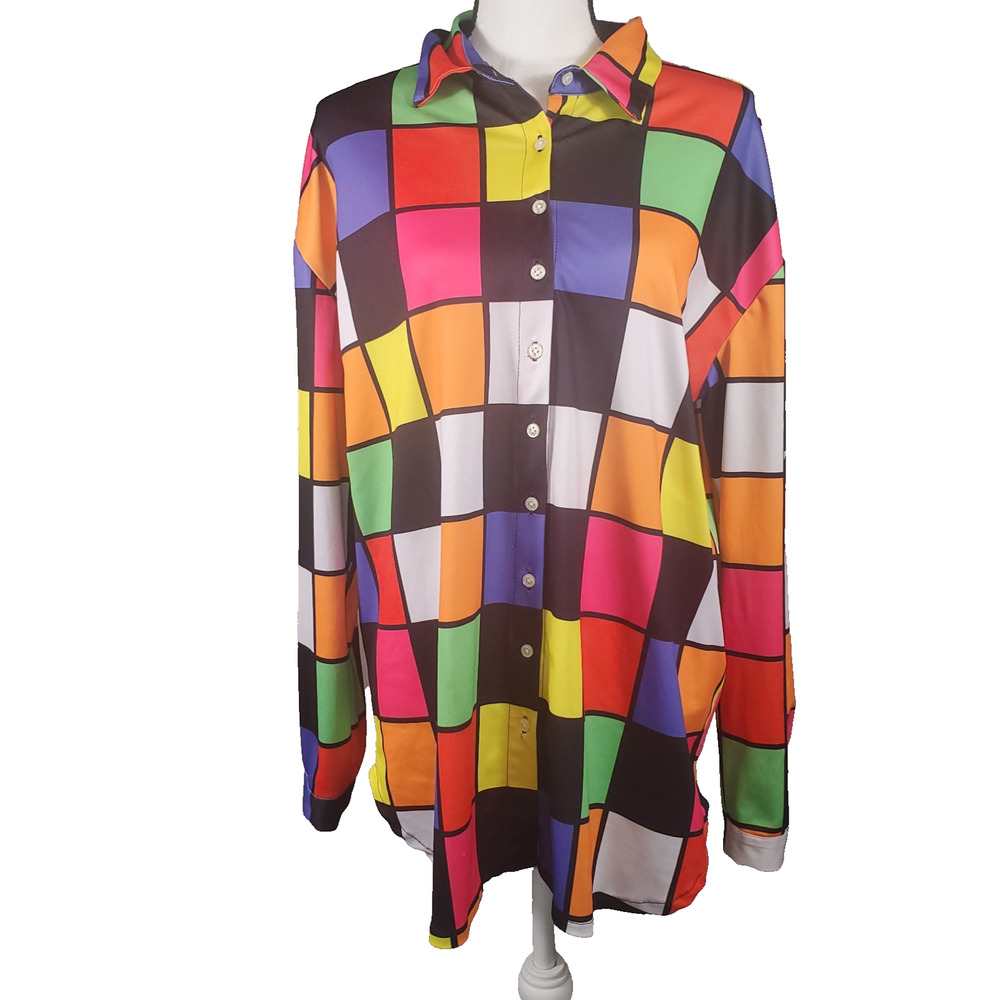 Vibrant Maximalist Geometric Square Print Button Up Tunic 2X